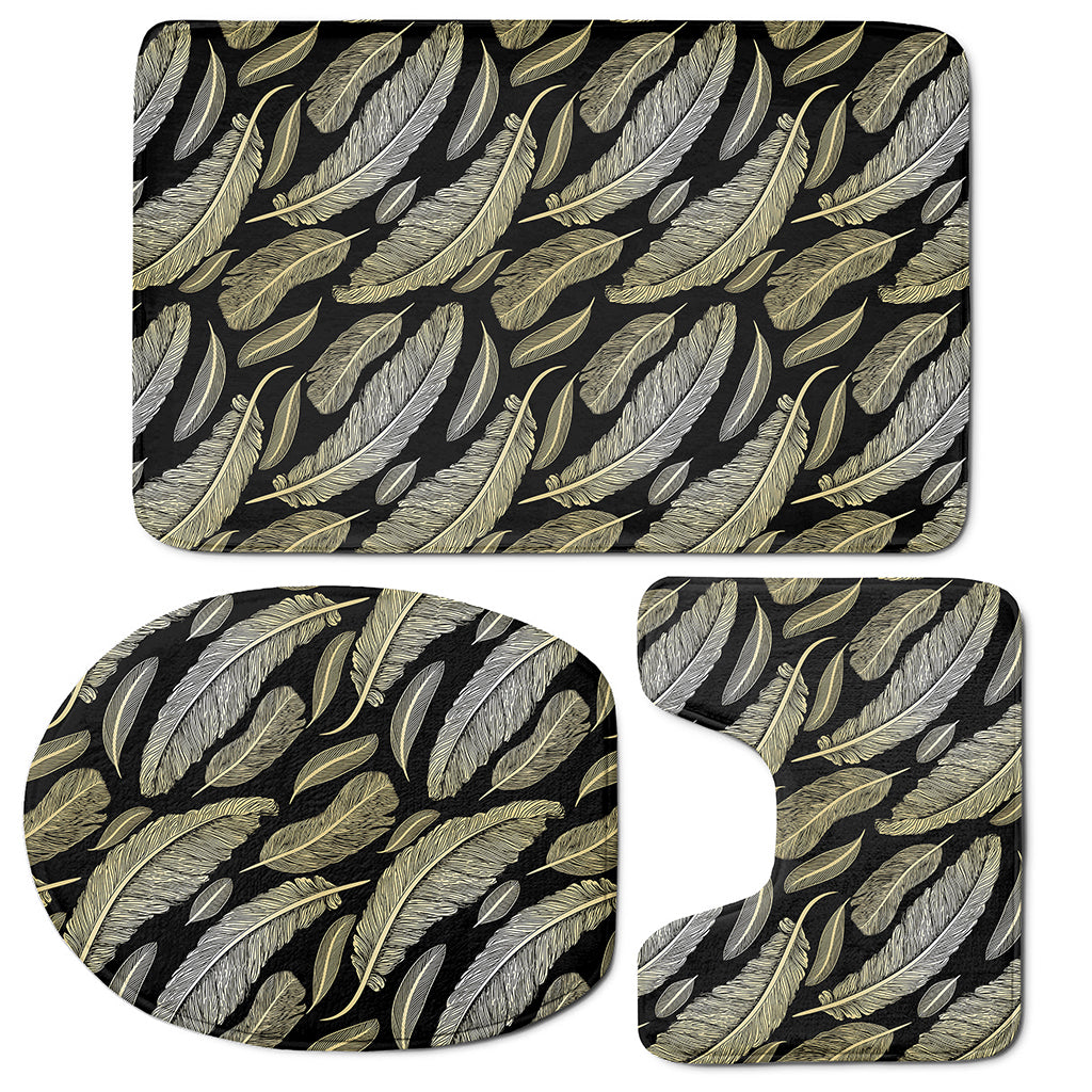 Gold And Black Feather Pattern Print 3 Piece Bath Mat Set