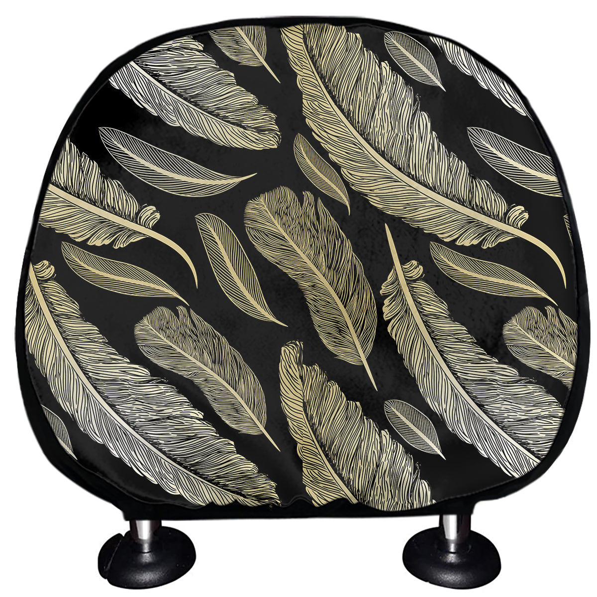 Gold And Black Feather Pattern Print Car Headrest Covers