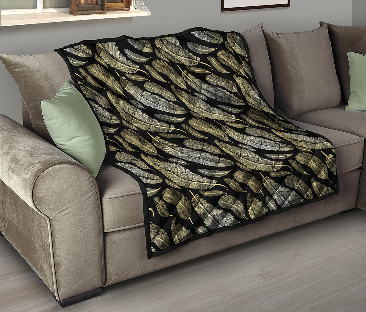 Gold And Black Feather Pattern Print Quilt