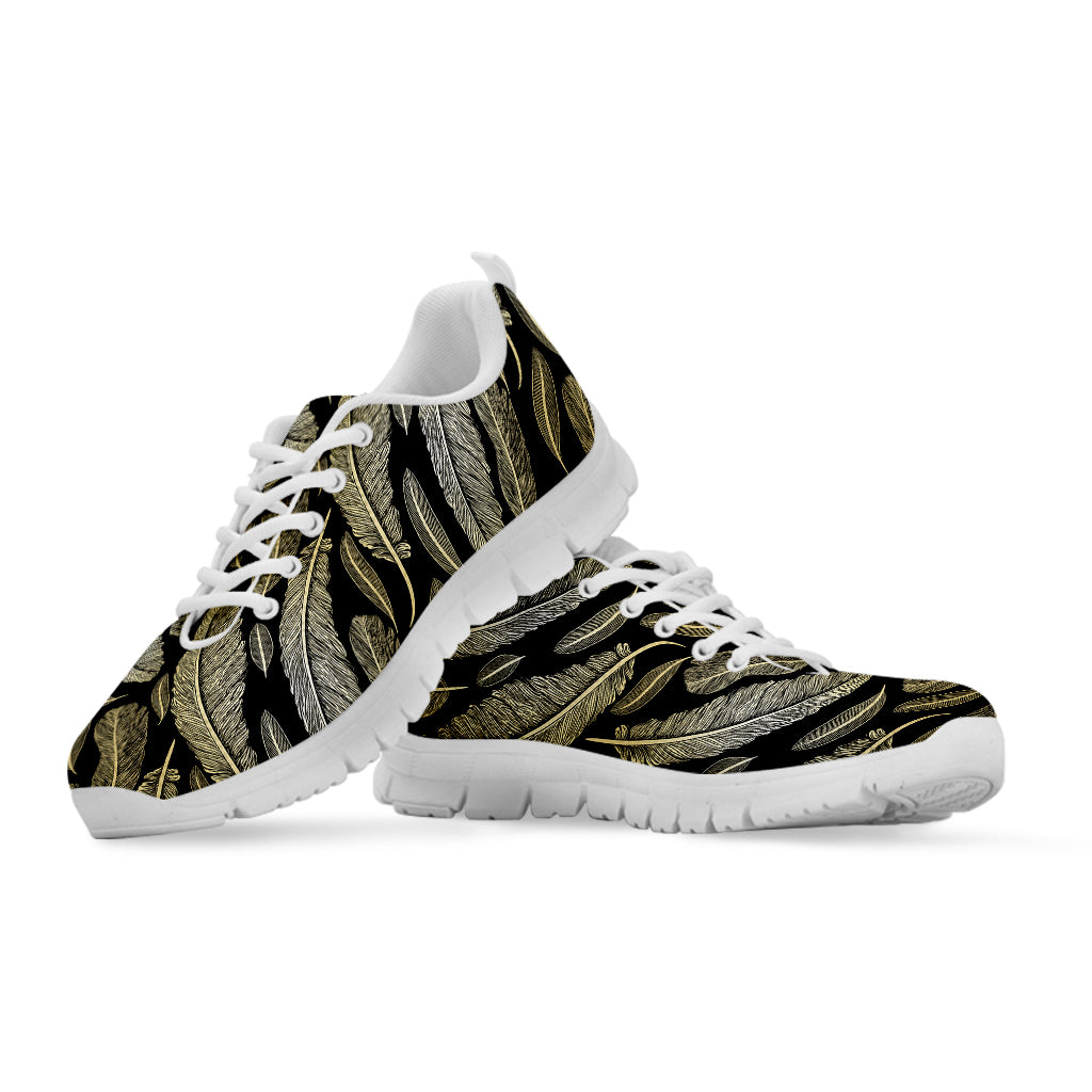 Gold And Black Feather Pattern Print White Sneakers