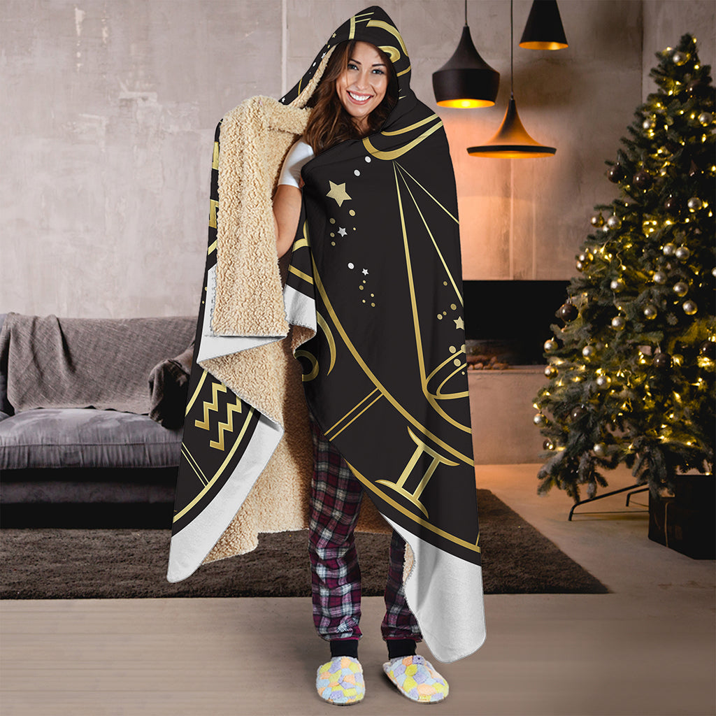 Gold And Black Libra Sign Print Hooded Blanket