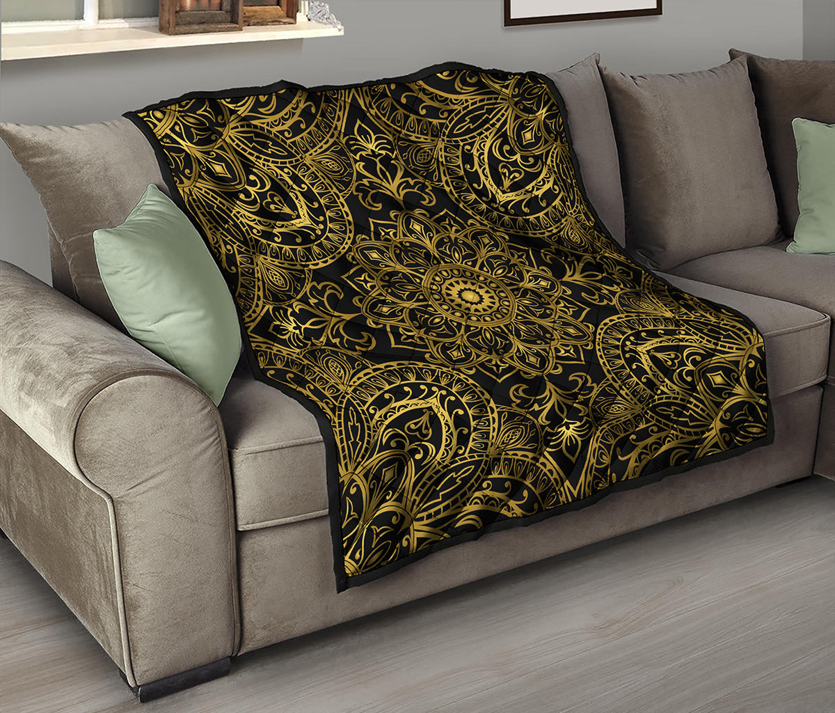 Gold And Black Mandala Print Quilt