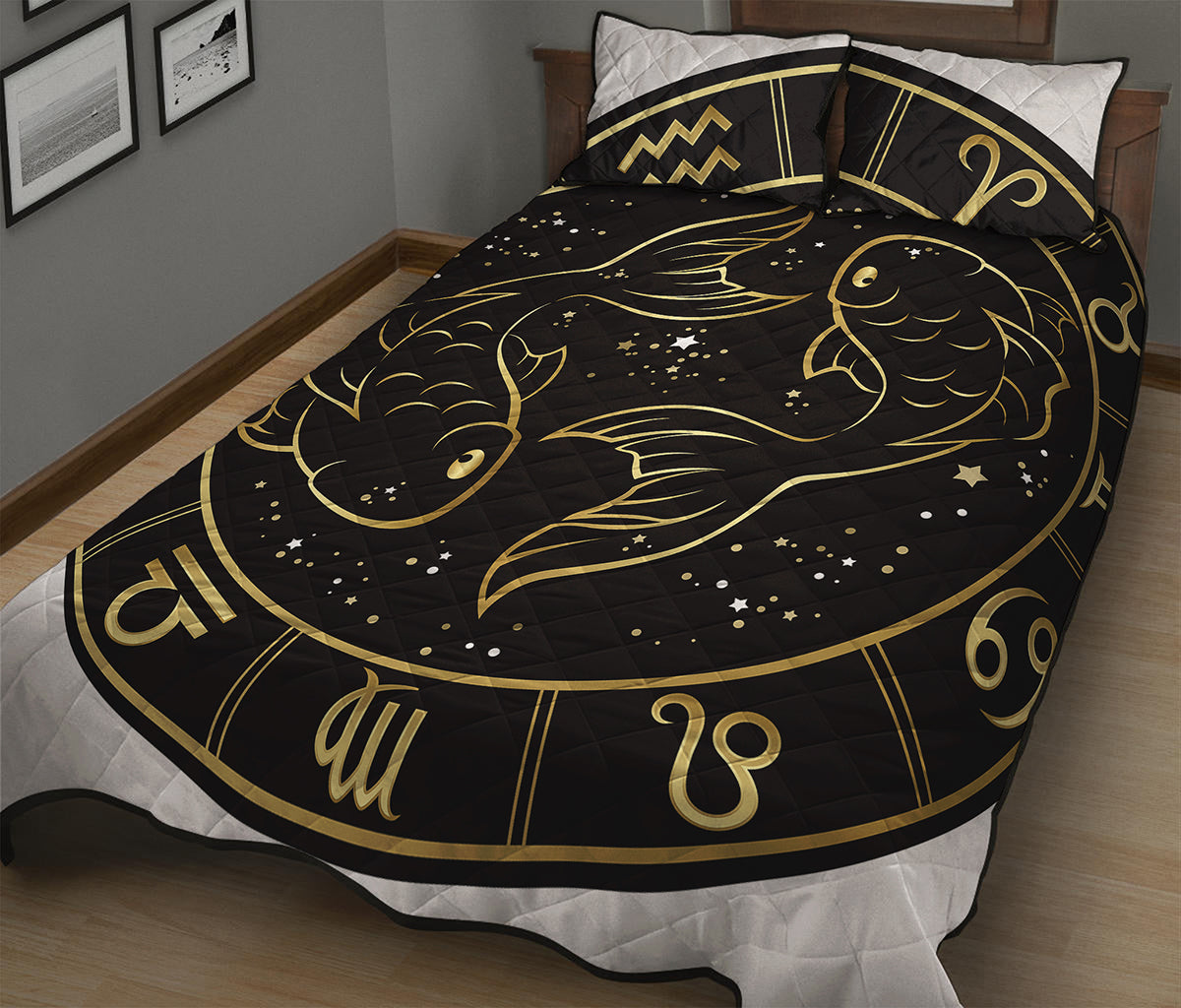 Gold And Black Pisces Sign Print Quilt Bed Set