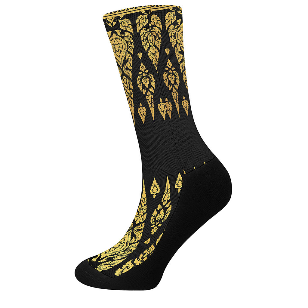 Gold And Black Thai Pattern Print Crew Socks