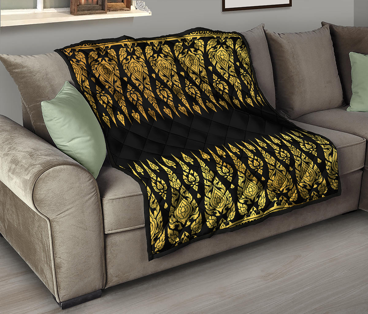 Gold And Black Thai Pattern Print Quilt