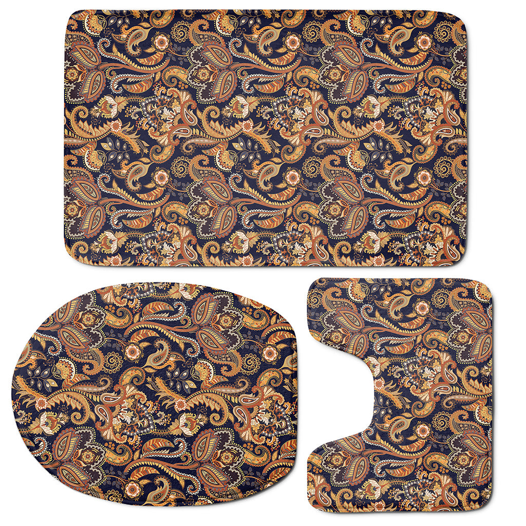 Gold And Blue Paisley Pattern Print 3 Piece Bath Mat Set