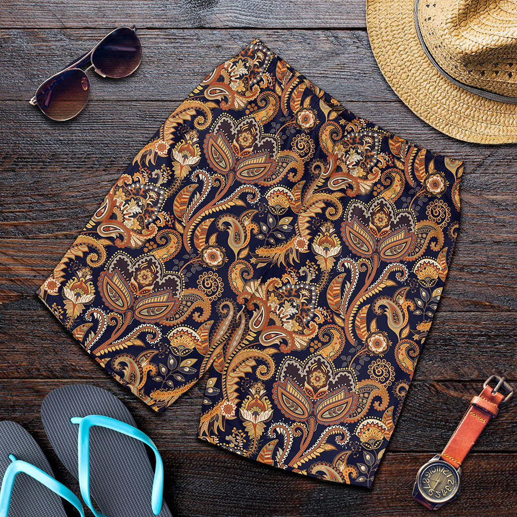 Gold And Blue Paisley Pattern Print Men's Shorts