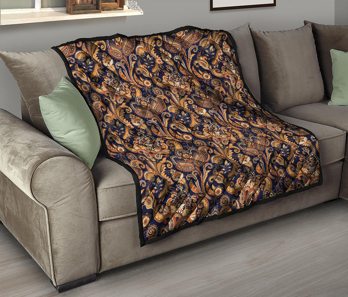 Gold And Blue Paisley Pattern Print Quilt