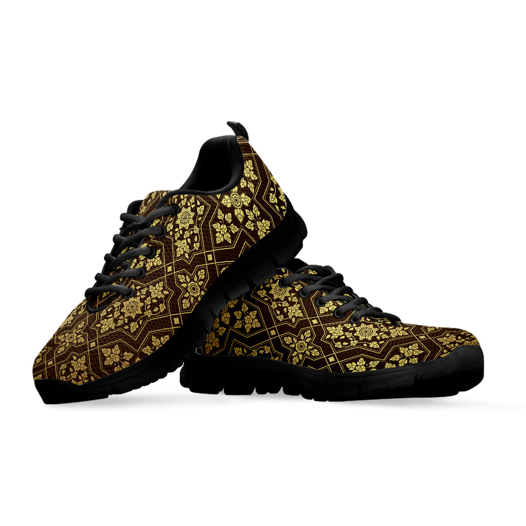 Gold And Brown Thai Pattern Print Black Sneakers