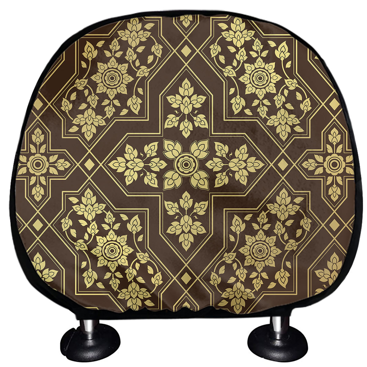 Gold And Brown Thai Pattern Print Car Headrest Covers