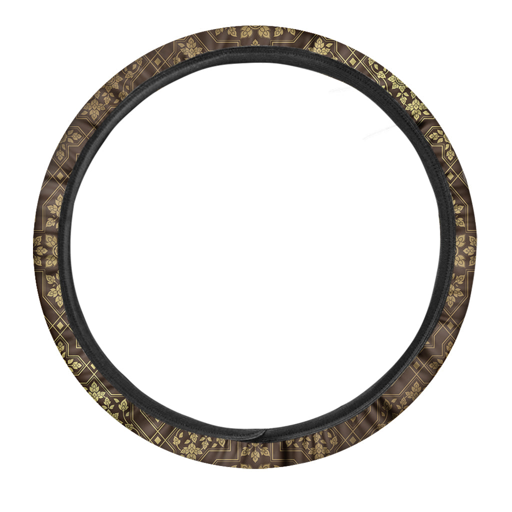 Gold And Brown Thai Pattern Print Car Steering Wheel Cover