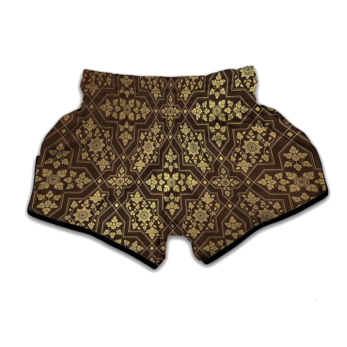 Gold And Brown Thai Pattern Print Muay Thai Boxing Shorts