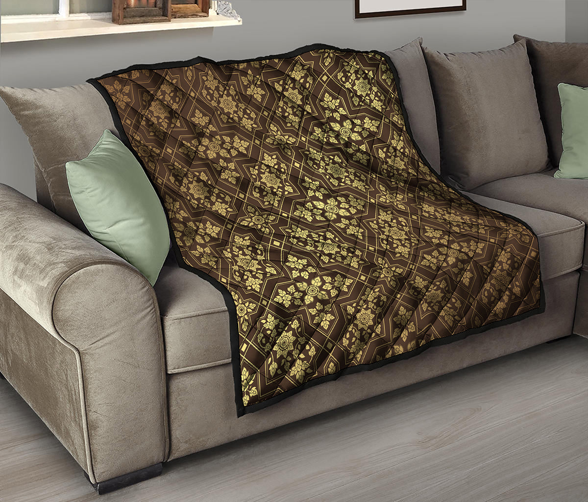 Gold And Brown Thai Pattern Print Quilt