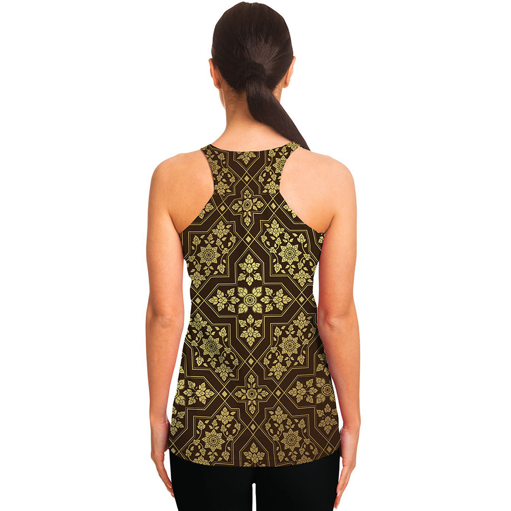 Gold And Brown Thai Pattern Print Women's Racerback Tank Top