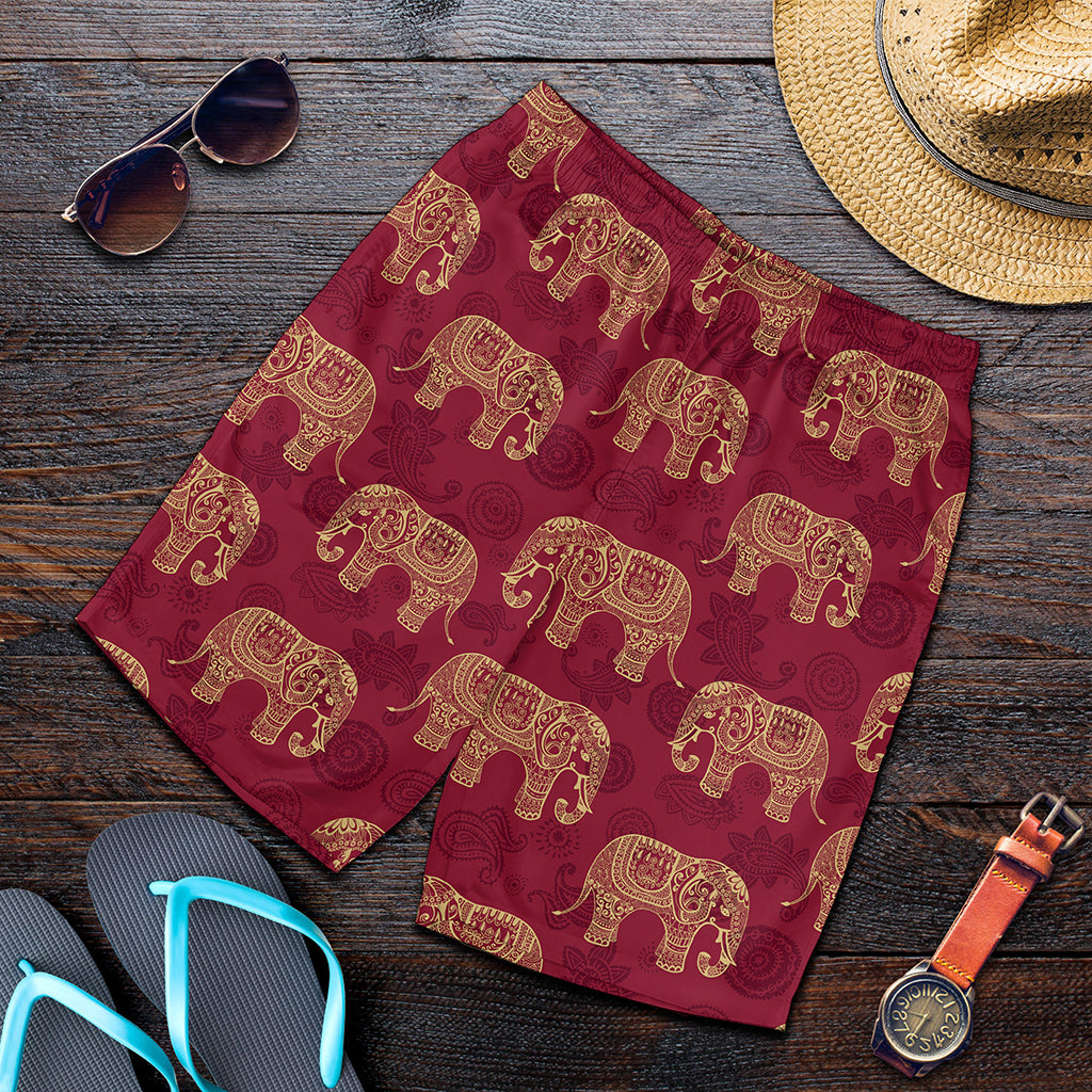 Gold And Red Boho Elephant Print Men's Shorts
