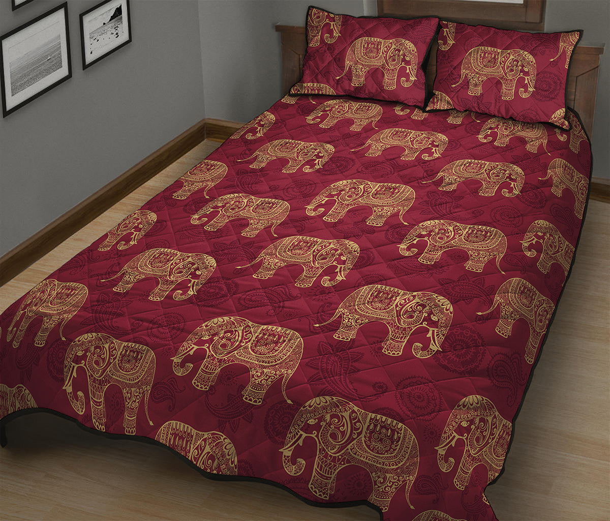 Gold And Red Boho Elephant Print Quilt Bed Set