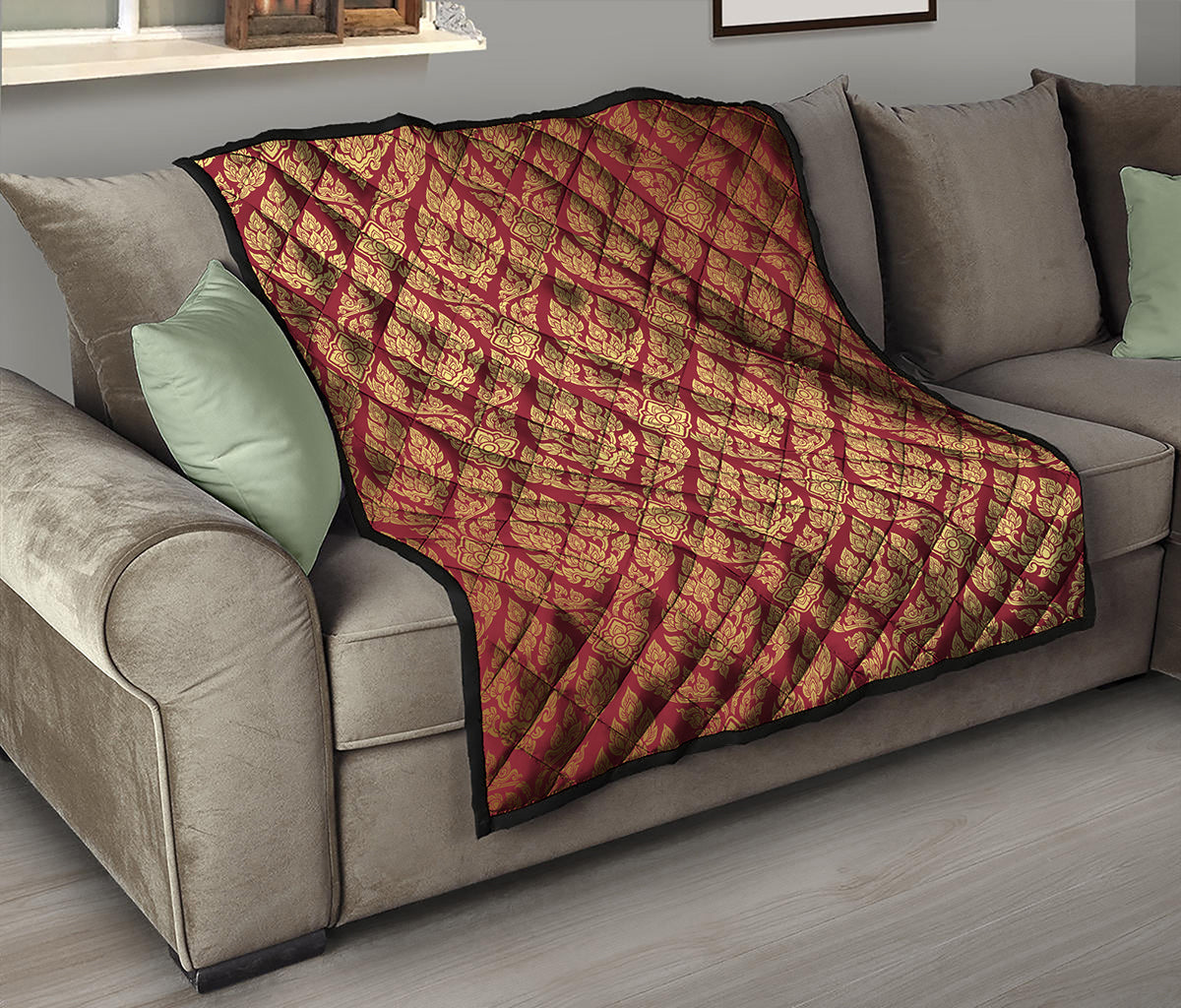 Gold And Red Thai Pattern Print Quilt