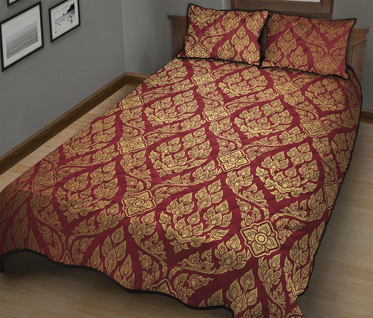 Gold And Red Thai Pattern Print Quilt Bed Set