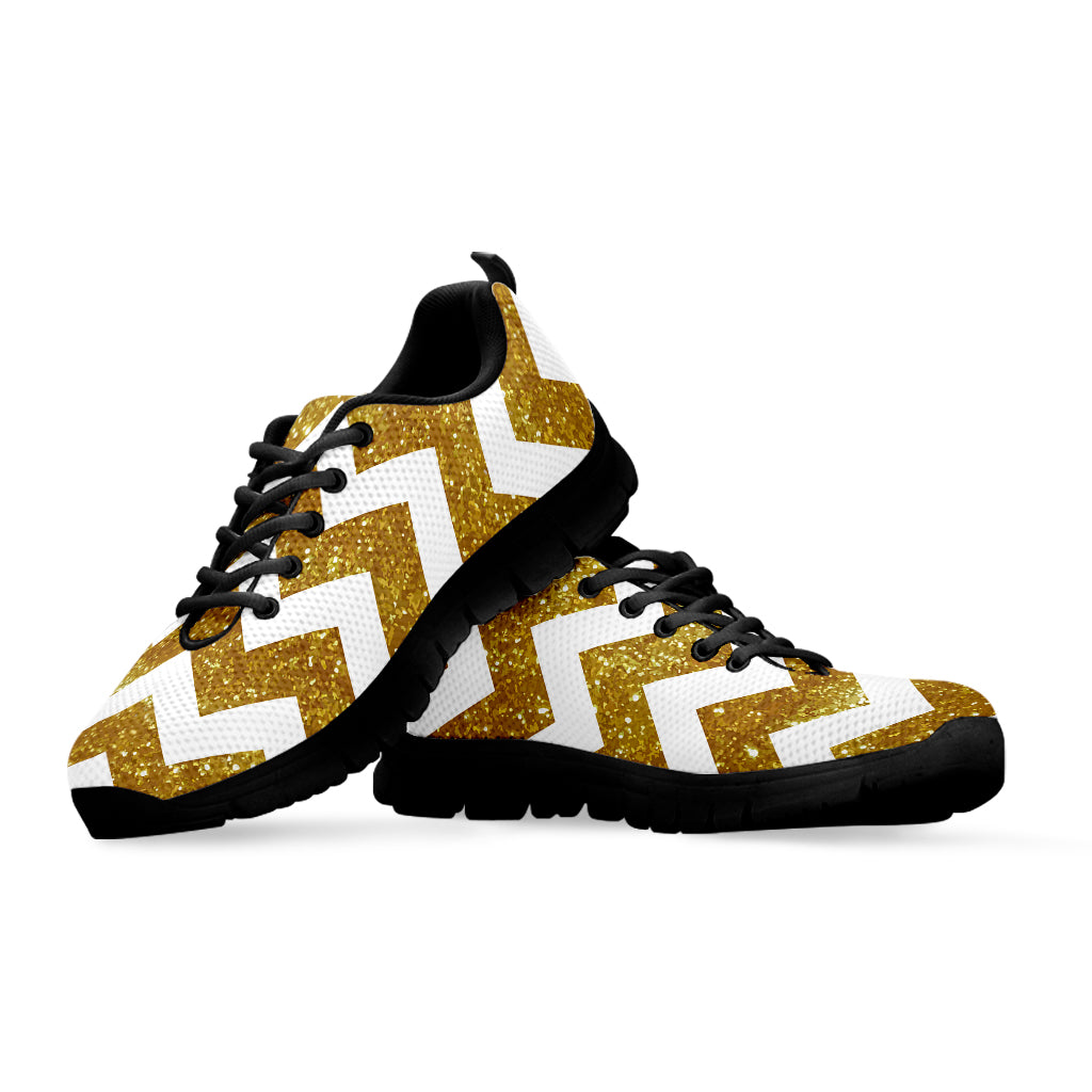 Gold And White Chevron Pattern Print Black Sneakers