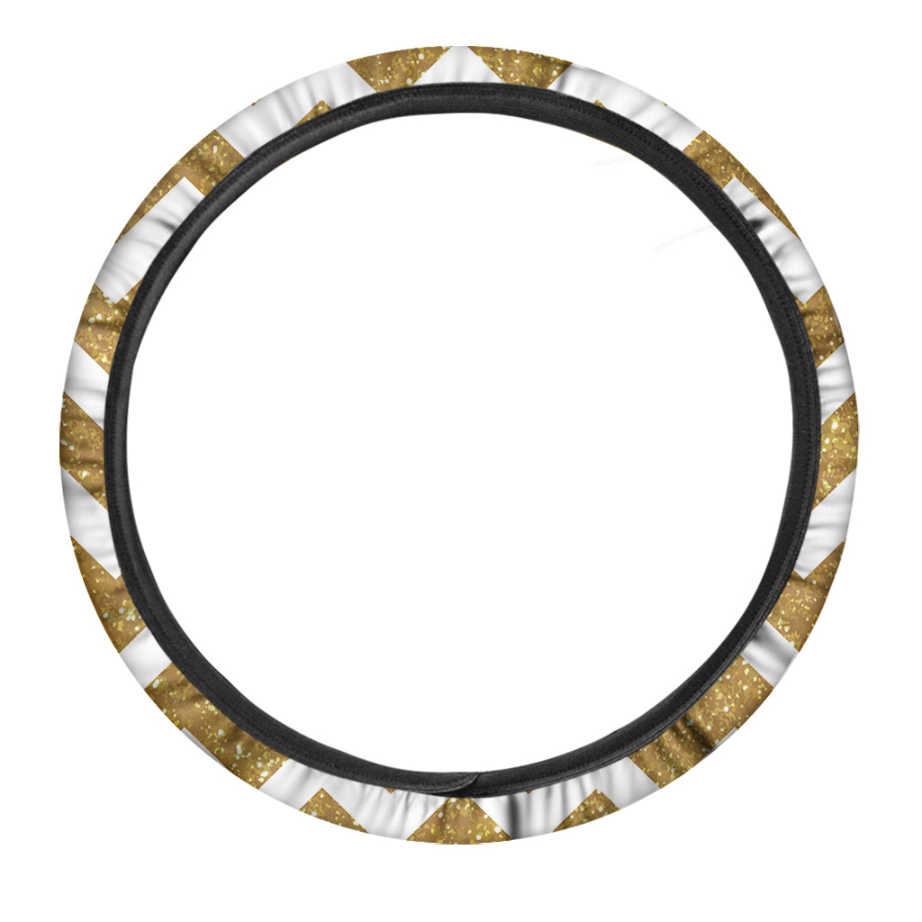 Gold And White Chevron Pattern Print Car Steering Wheel Cover