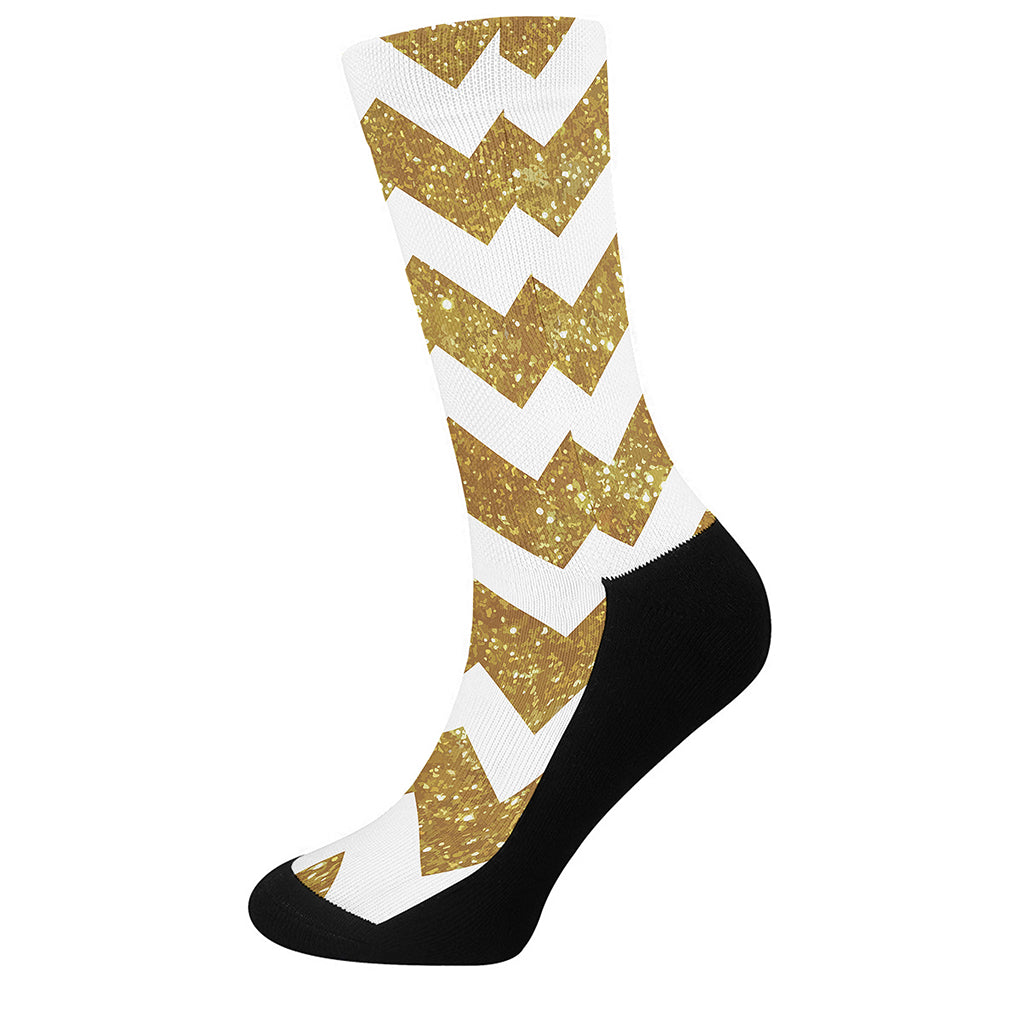 Gold And White Chevron Pattern Print Crew Socks