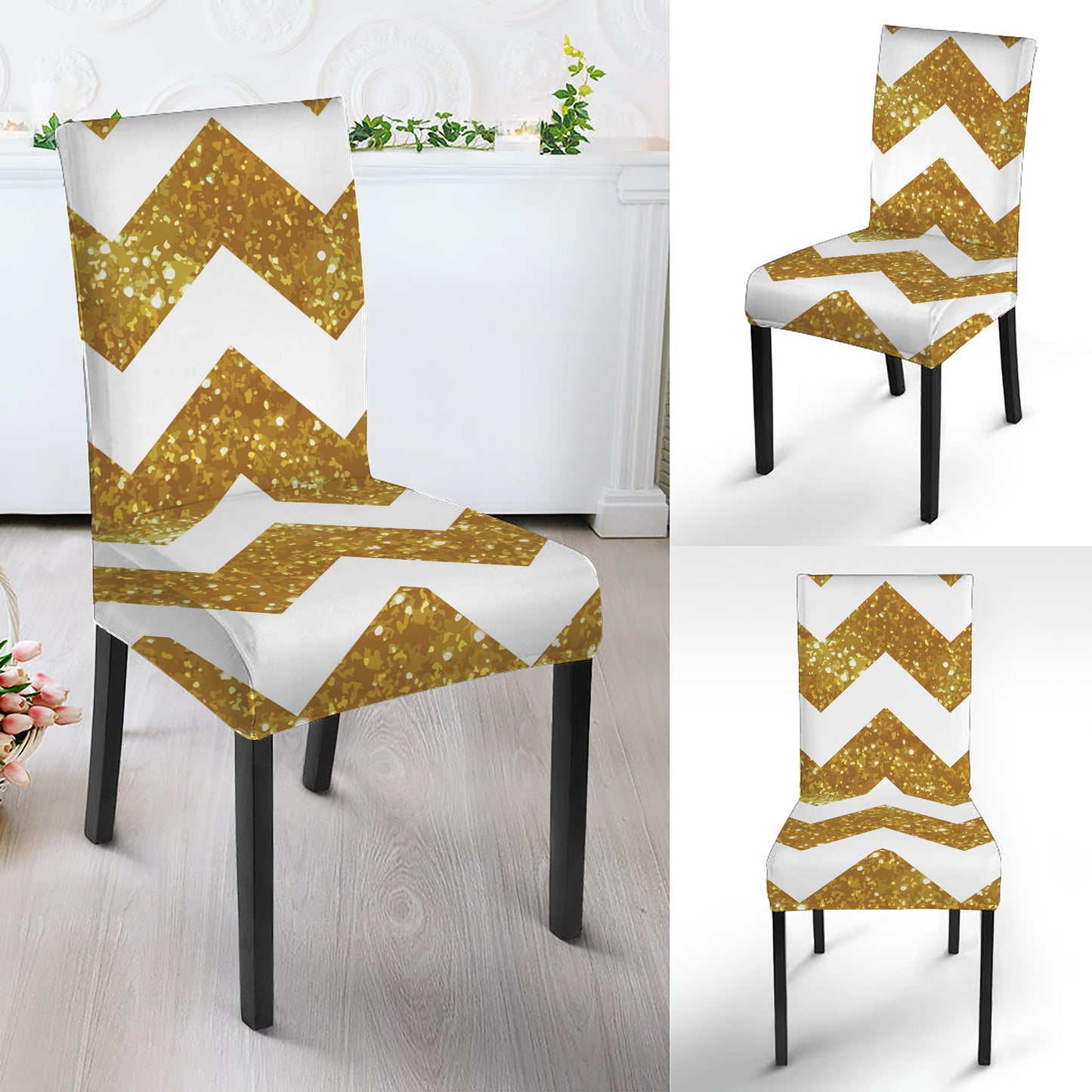 Gold And White Chevron Pattern Print Dining Chair Slipcover