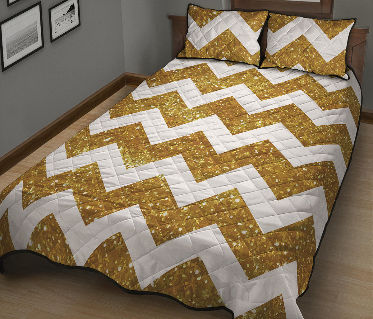 Gold And White Chevron Pattern Print Quilt Bed Set