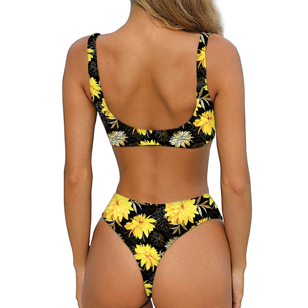 Gold And Yellow Floral Print Front Bow Tie Bikini