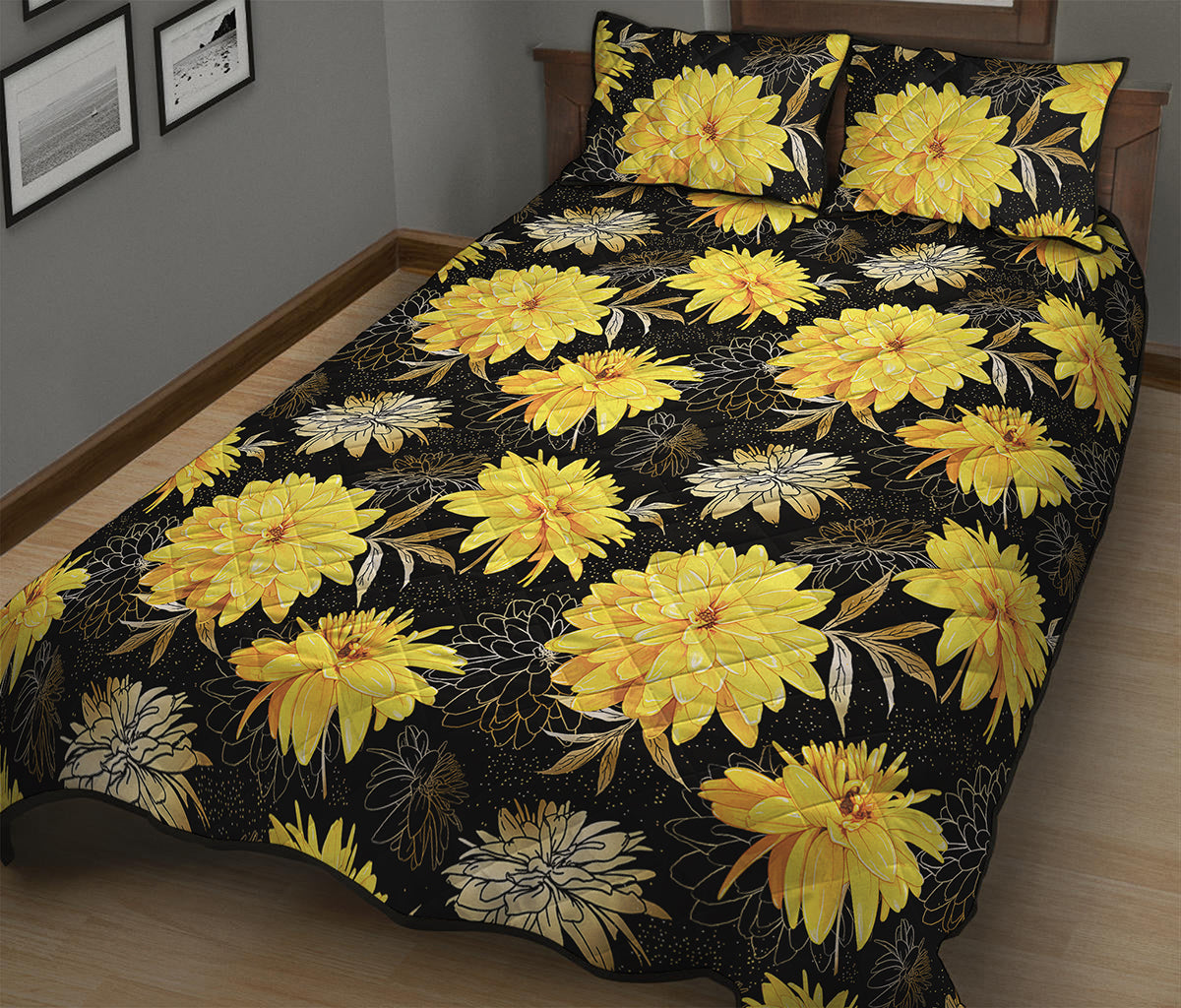 Gold And Yellow Floral Print Quilt Bed Set