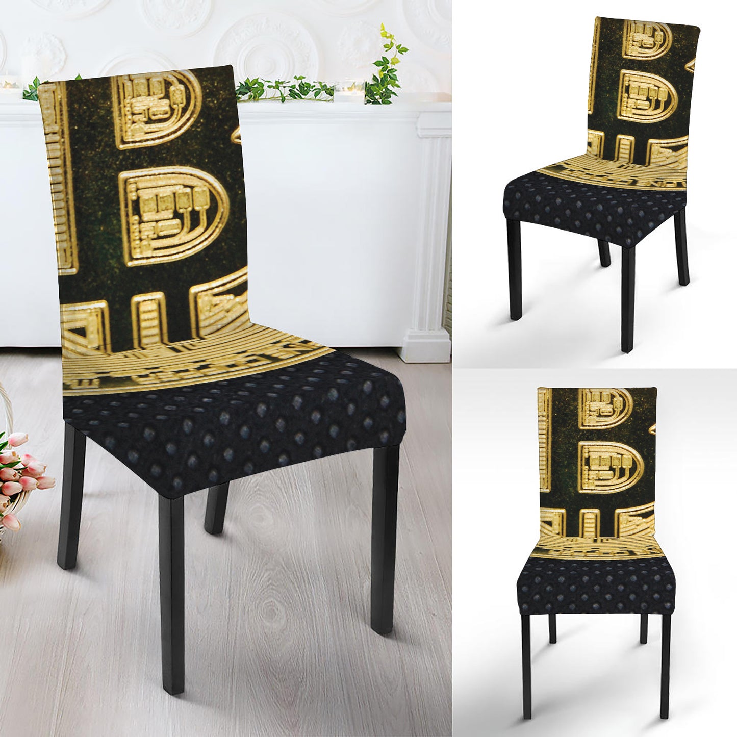 Gold Bitcoin Symbol Print Dining Chair Slipcover