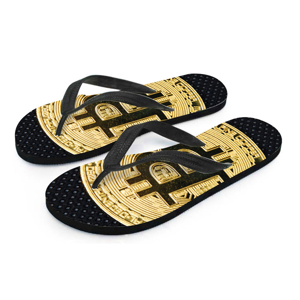 Gold Bitcoin Symbol Print Flip Flops