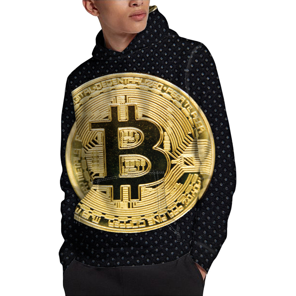 Gold Bitcoin Symbol Print Pullover Hoodie