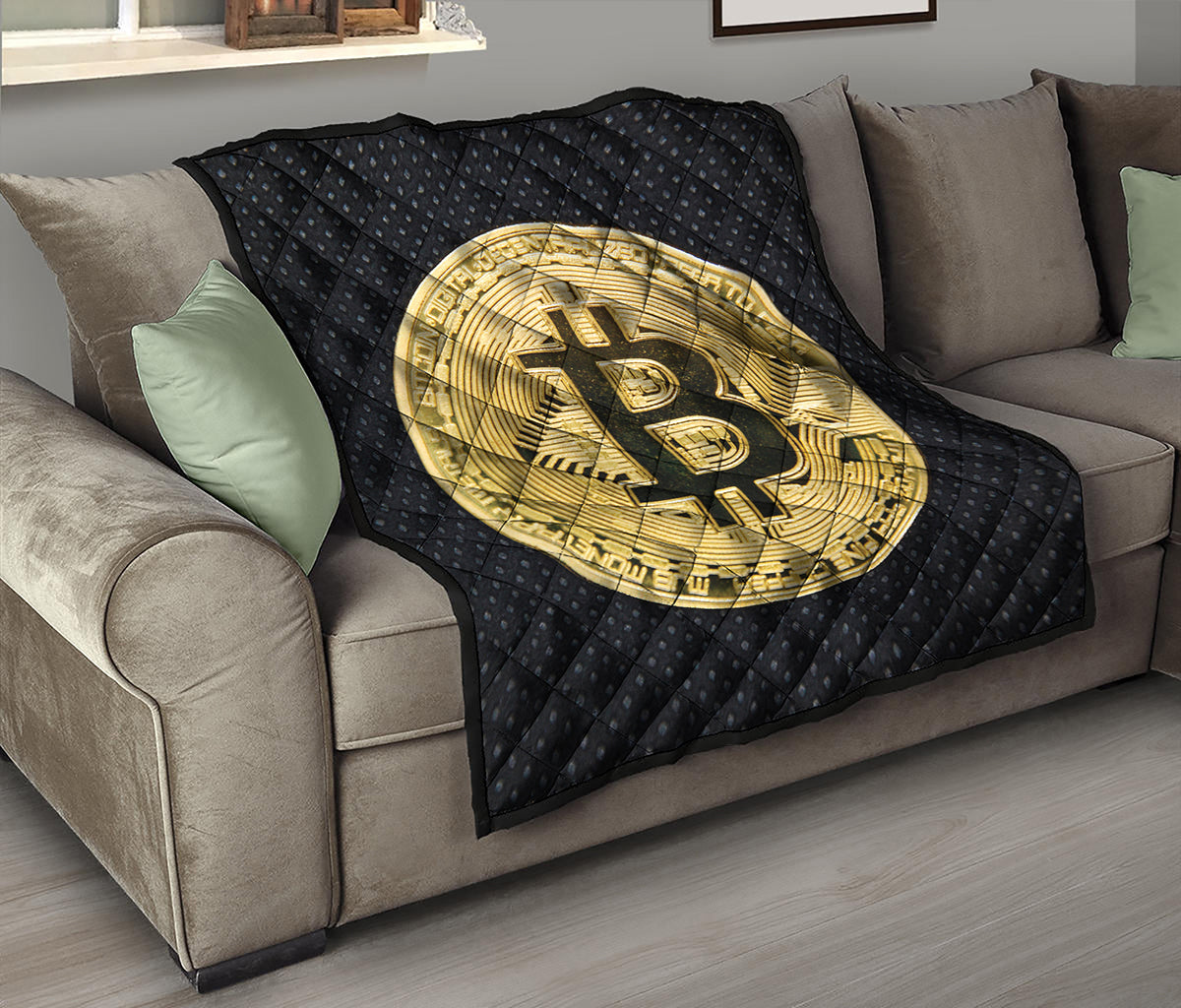 Gold Bitcoin Symbol Print Quilt
