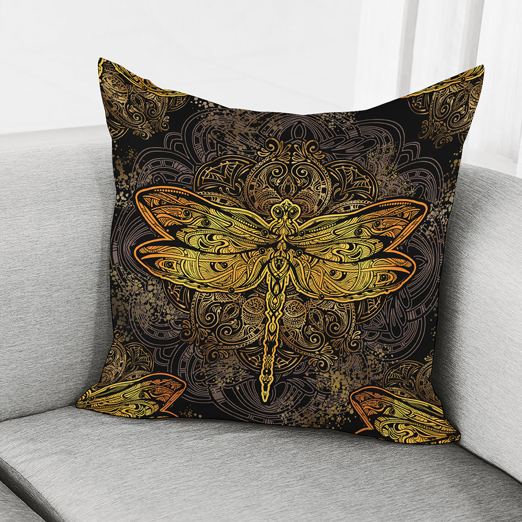 Gold Boho Dragonfly Print Pillow Cover