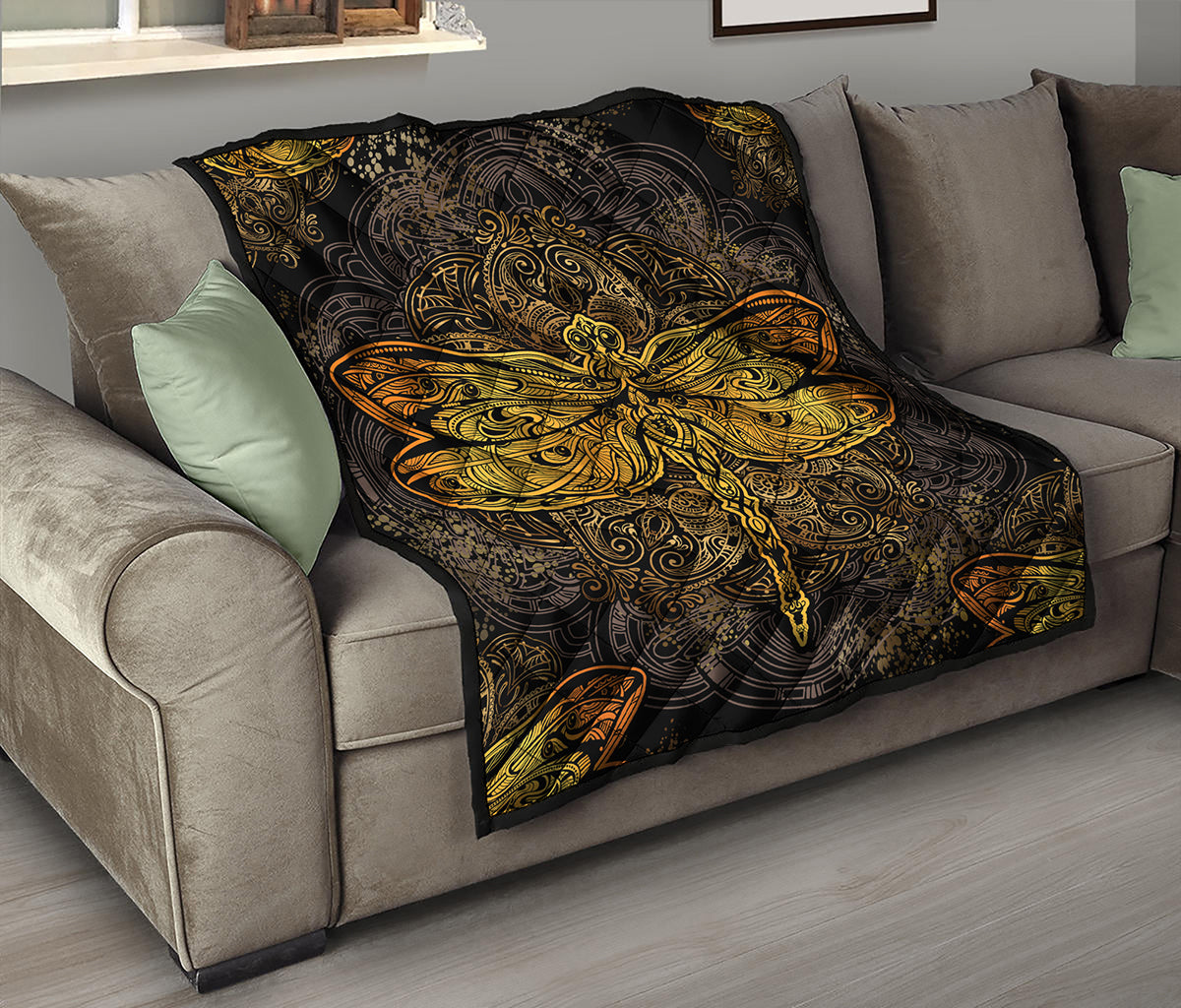 Gold Boho Dragonfly Print Quilt