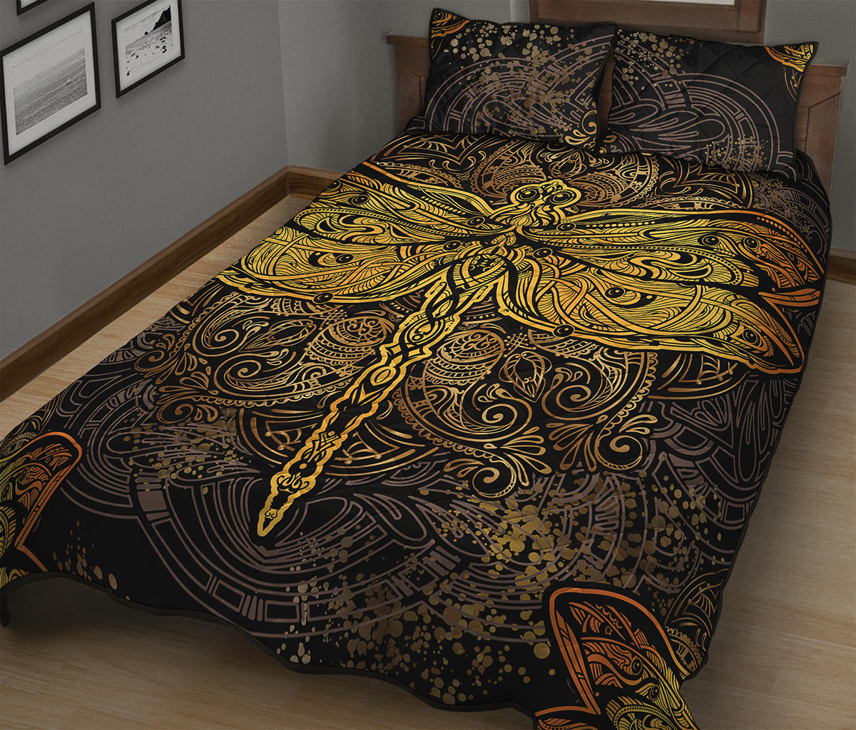 Gold Boho Dragonfly Print Quilt Bed Set