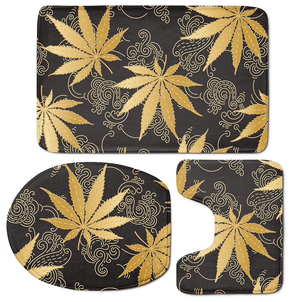Gold Cannabis Leaf Pattern Print 3 Piece Bath Mat Set