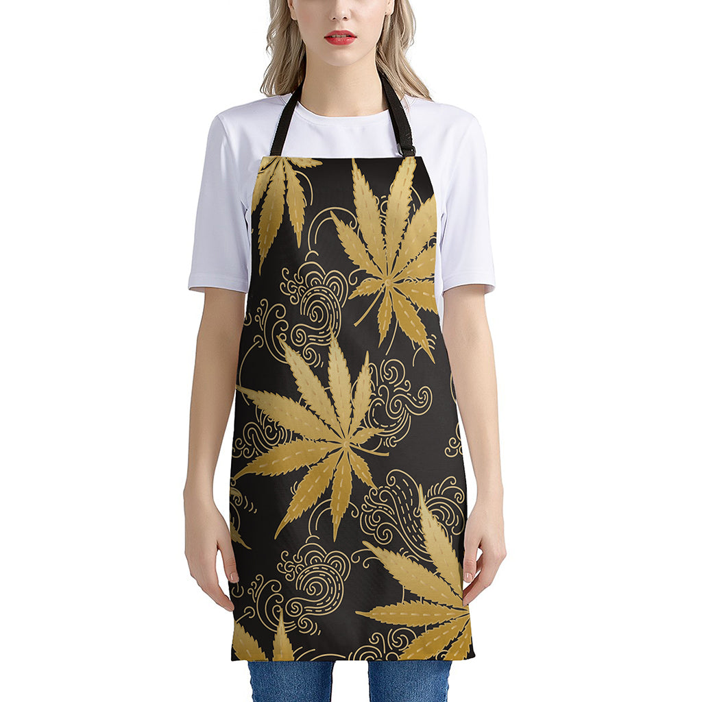 Gold Cannabis Leaf Pattern Print Apron
