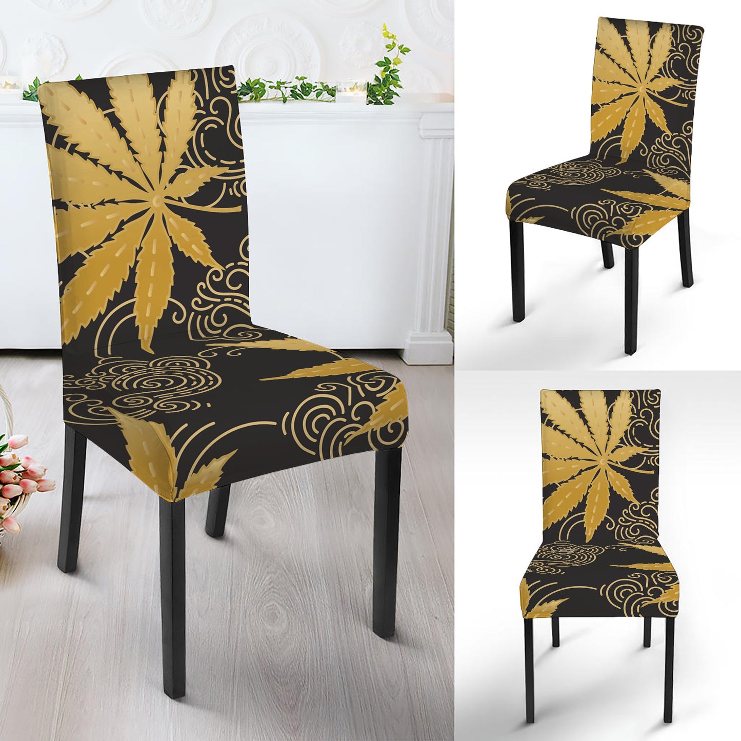Gold Cannabis Leaf Pattern Print Dining Chair Slipcover