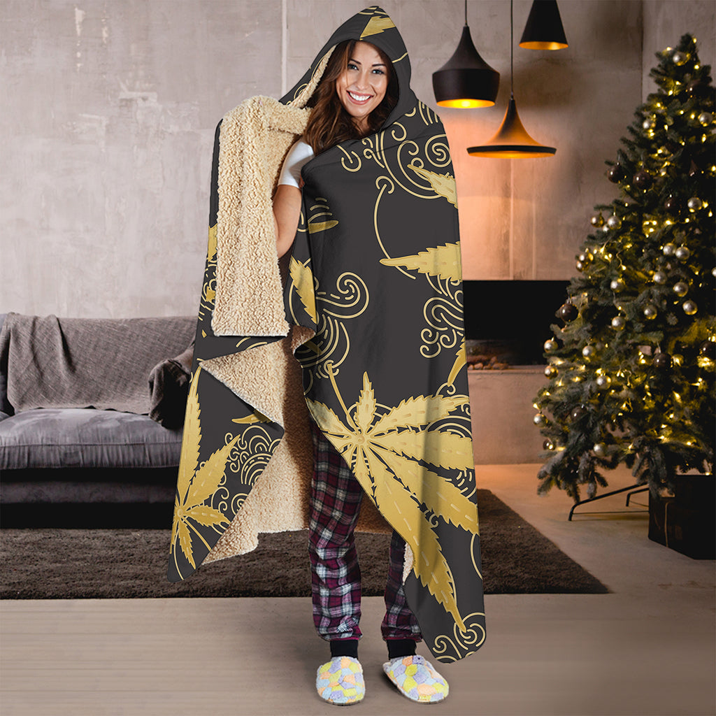 Gold Cannabis Leaf Pattern Print Hooded Blanket