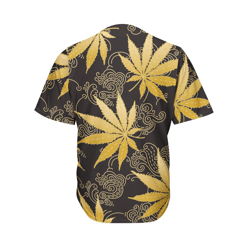 Gold Cannabis Leaf Pattern Print Men's Baseball Jersey