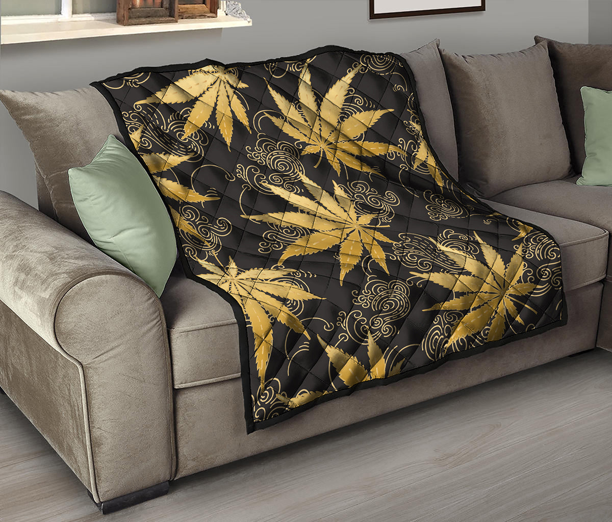 Gold Cannabis Leaf Pattern Print Quilt
