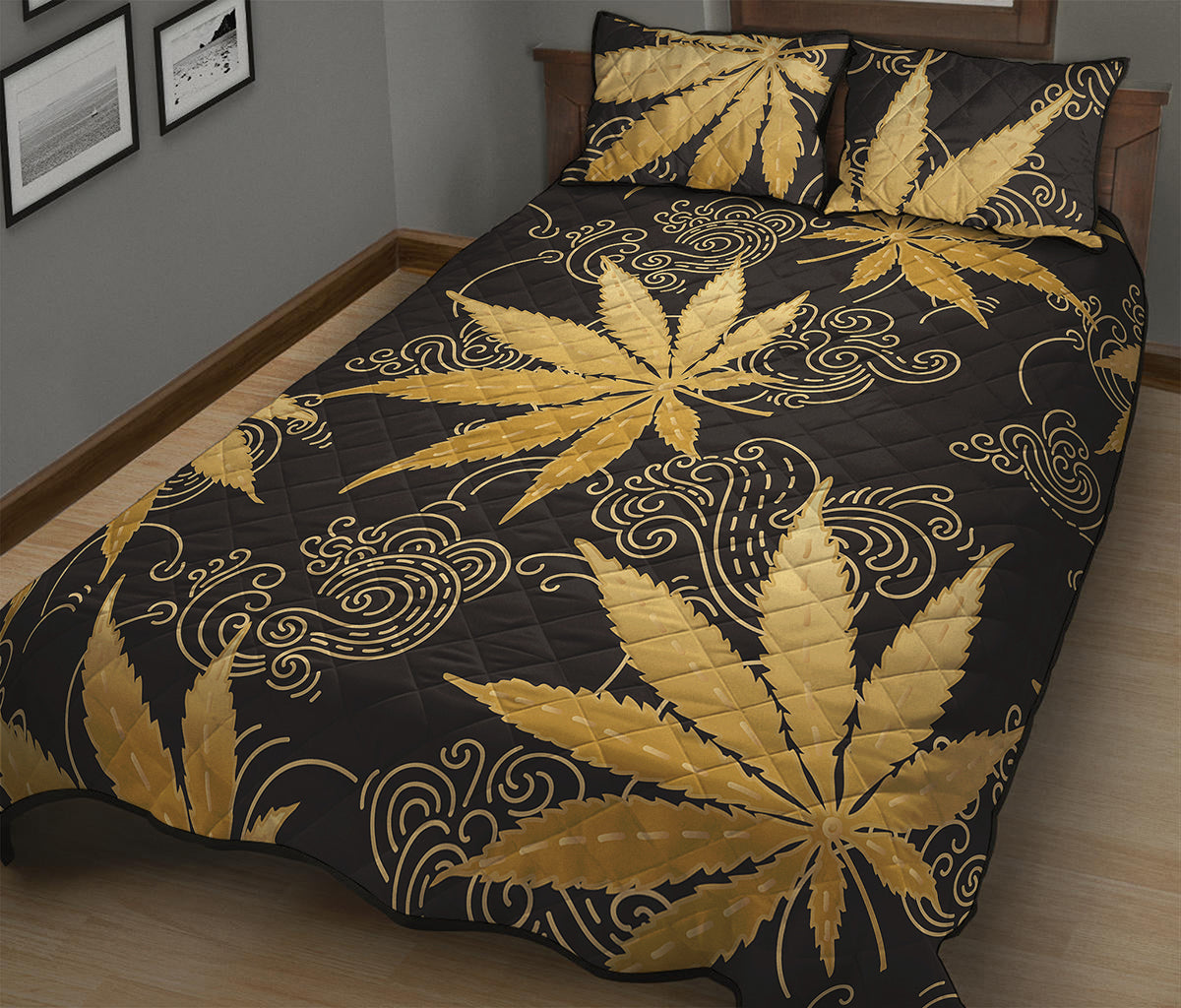 Gold Cannabis Leaf Pattern Print Quilt Bed Set