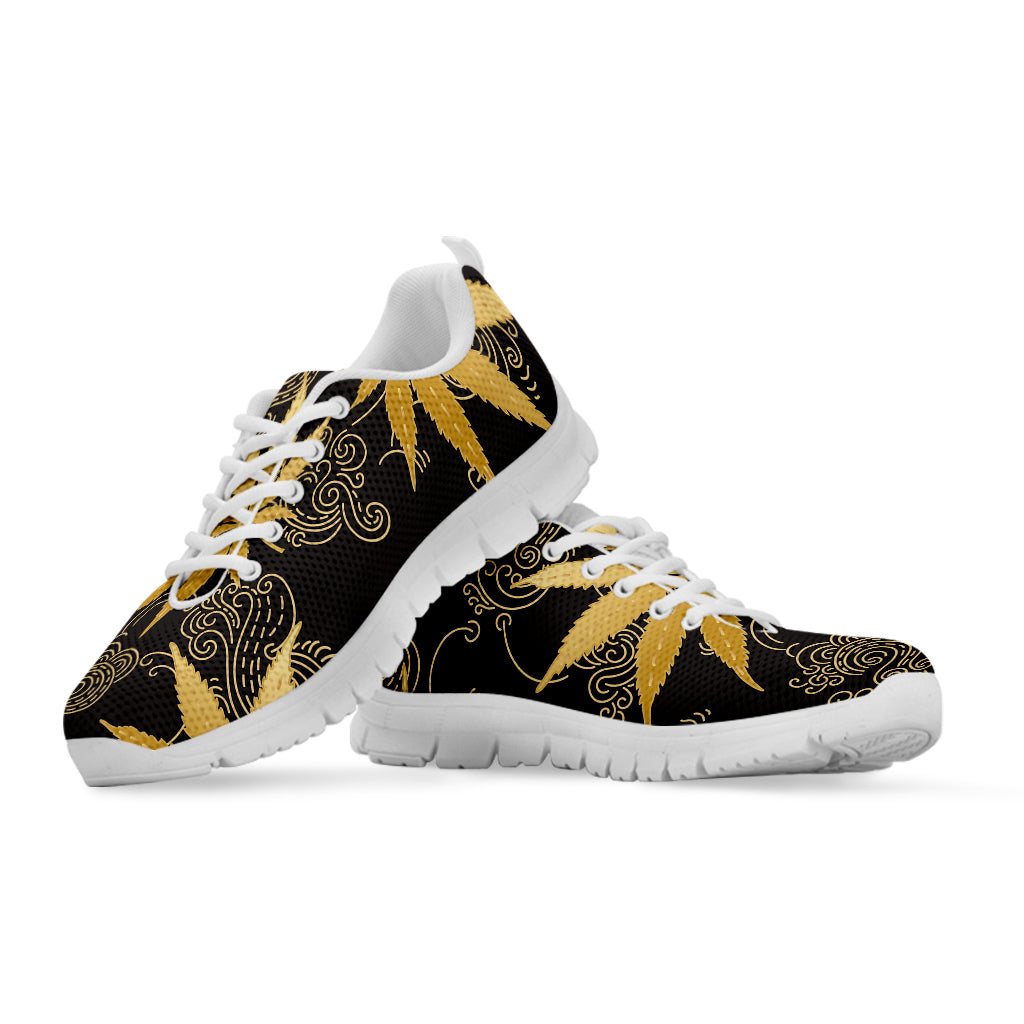 Gold Cannabis Leaf Pattern Print White Sneakers