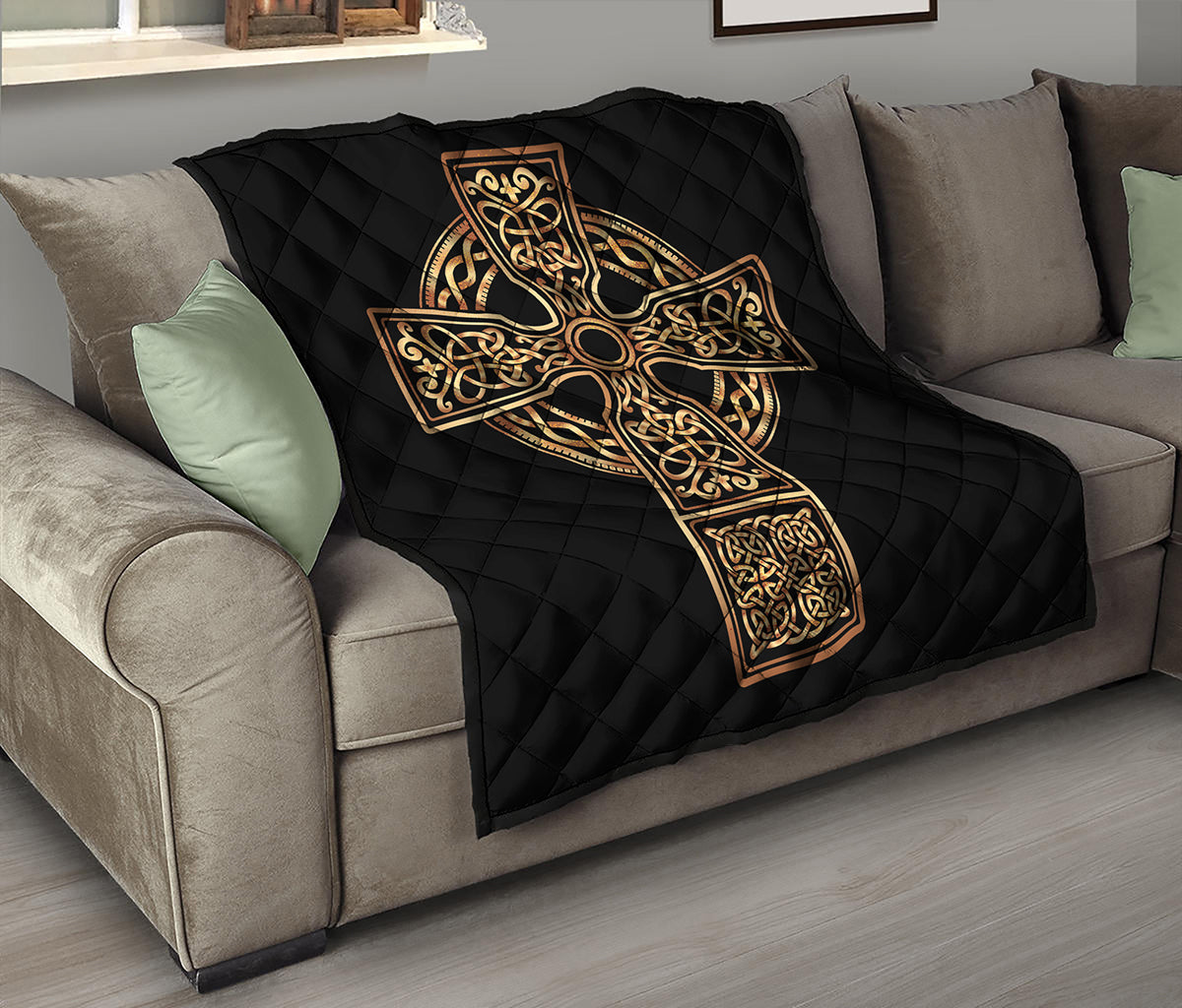 Gold Celtic Knot Cross Print Quilt