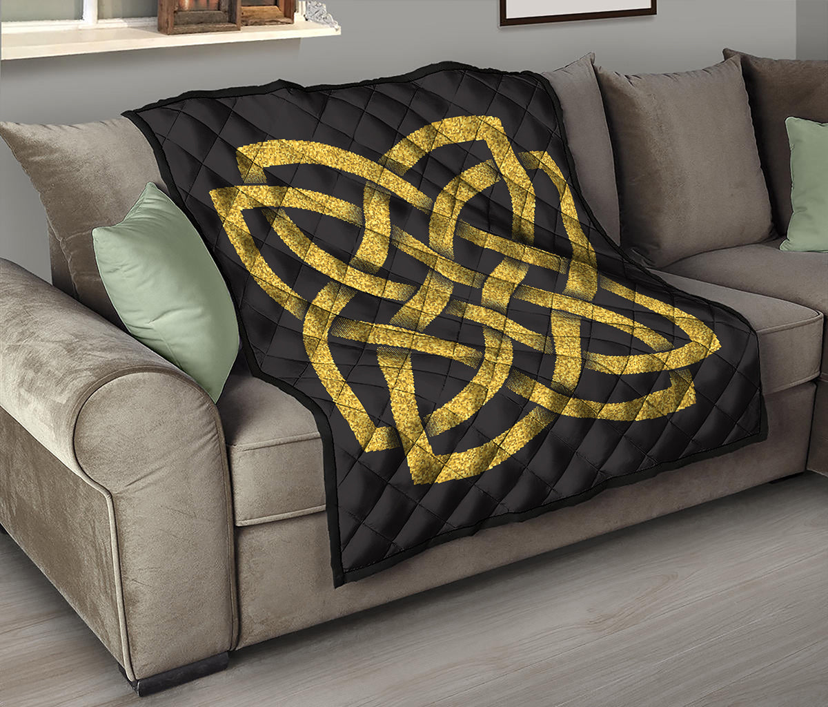 Gold Celtic Knot Symbol Print Quilt