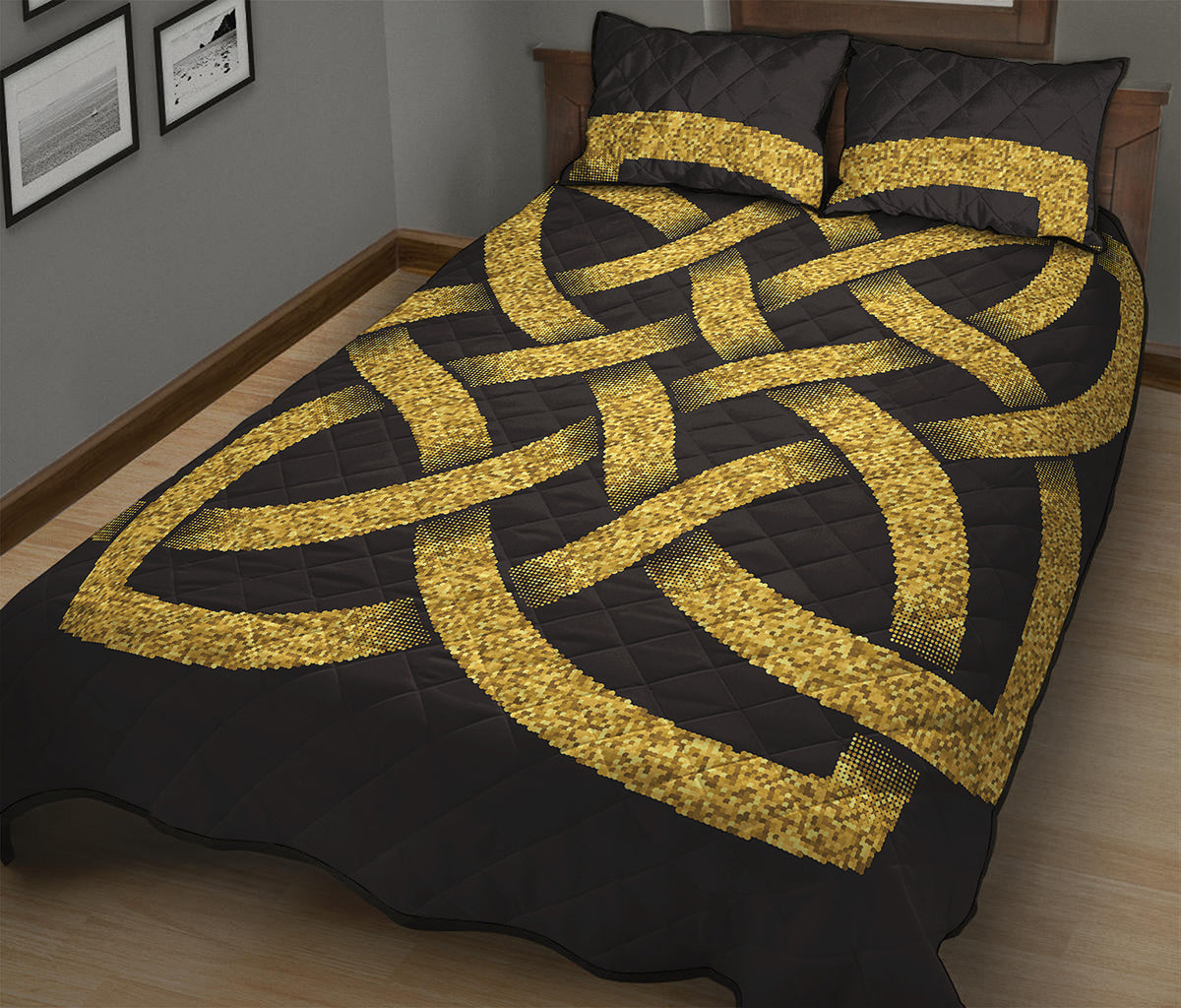 Gold Celtic Knot Symbol Print Quilt Bed Set