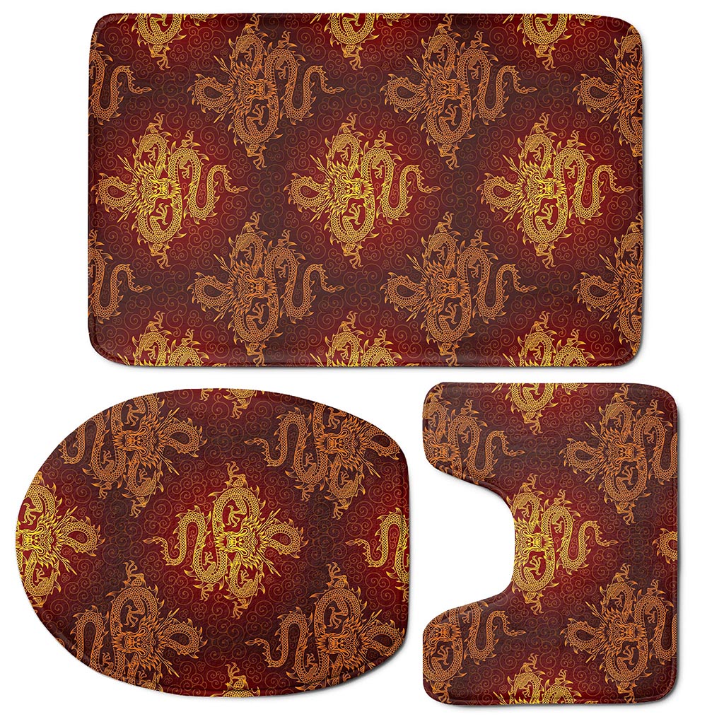 Gold Chinese Dragon Pattern Print 3 Piece Bath Mat Set