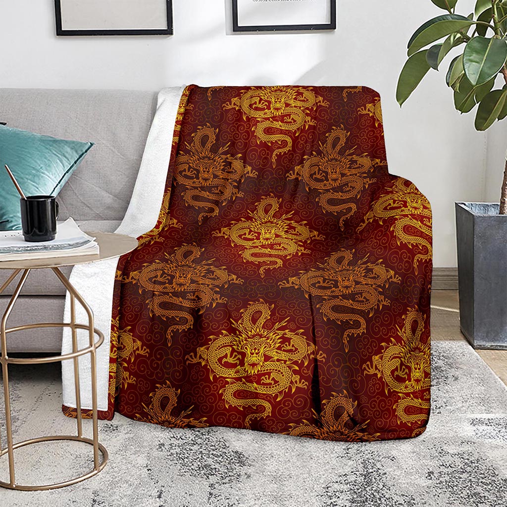 Gold Chinese Dragon Pattern Print Blanket