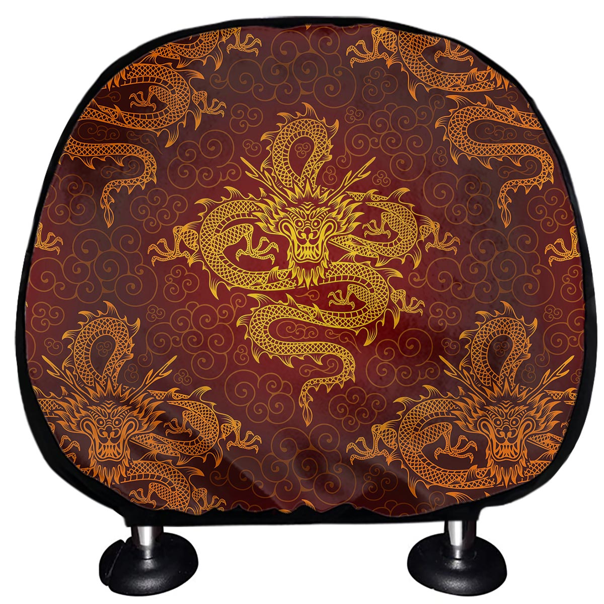 Gold Chinese Dragon Pattern Print Car Headrest Covers